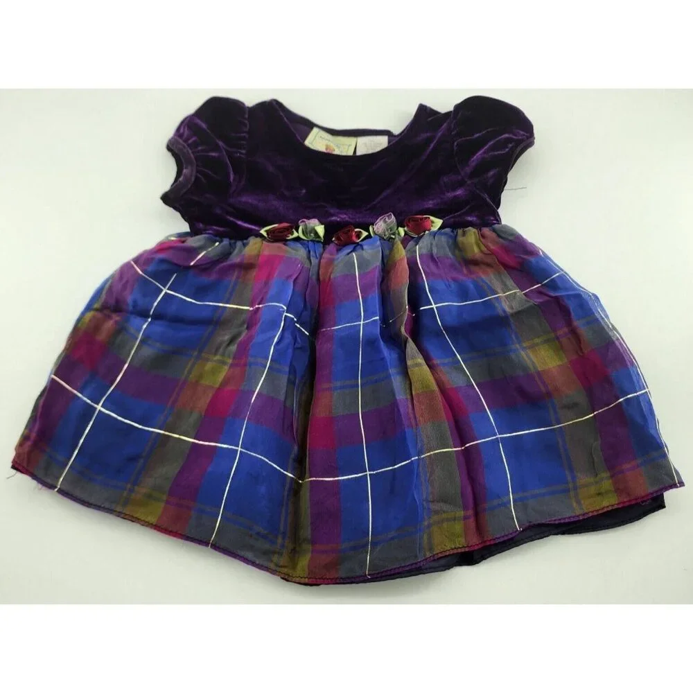 Marmellata Baby Girl Short Sleeve Party Dress Velvet Top Plaid Skirt Purple 6-9M